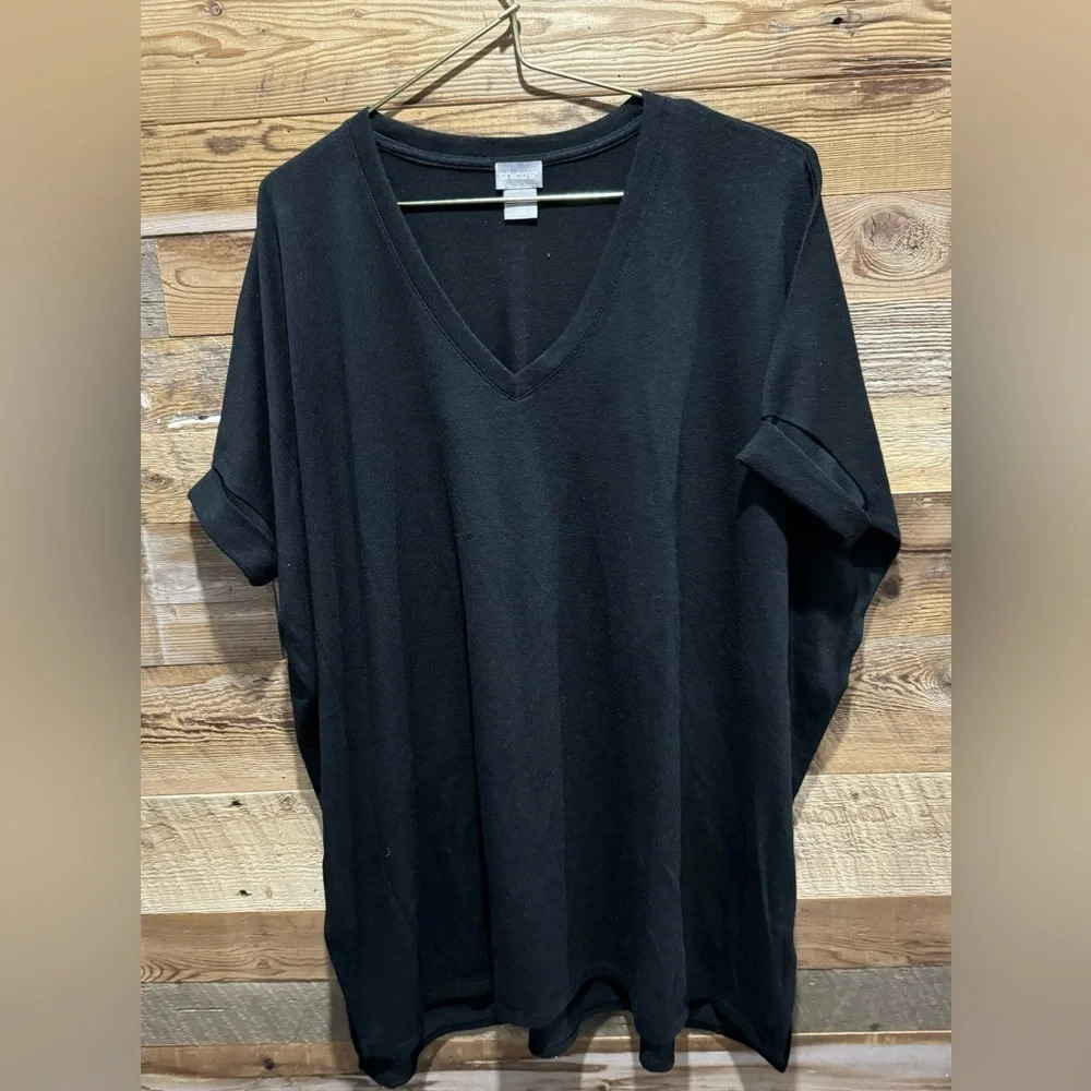 Chicos Tunic blouse Black knit V- Neck oversized stretch slit cuffed street S